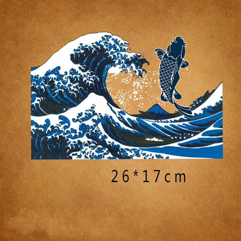 Модные термонаклейки 26x17 см с изображением волн и рыбок для самостоятельного