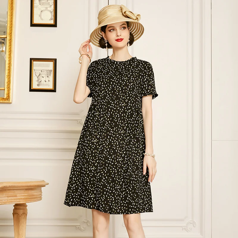 

Шифоновое платье SHZQ, Новинка лета 2021, юбка с коротким рукавом и воротником-стойкой, черная юбка с цветочным принтом и закрывающей талией, в и...