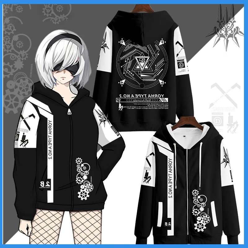 

2021 Woemn Anime Nier Automata 2b Yorha Cosplay Costume Black Sweater Unisex 3D Printing Hoodie Zipper Hooded Jacket Outwear