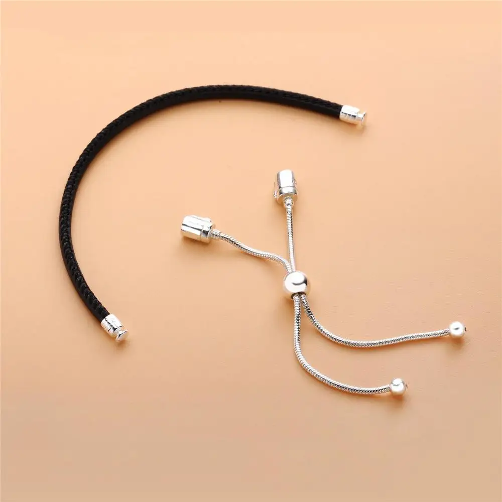 

100% 925 Sterling Silver Original Fit 1:1 Charms Moments Black Leather Slider pan Bracelet