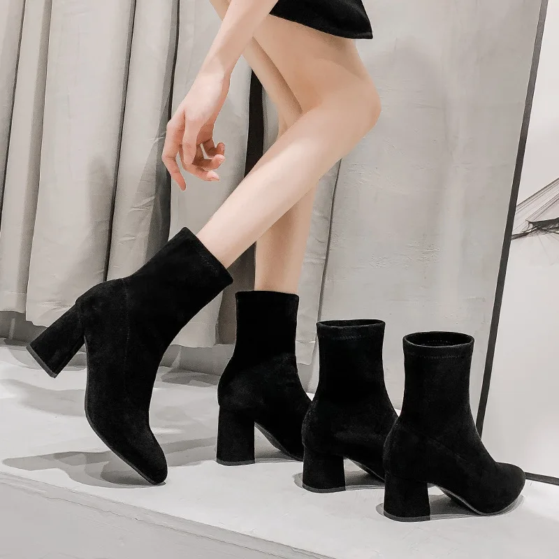 

Women Shoes Ankle Boots Flock High Heel Chunky Heel Suede Chelsea Boots Height Increasing 7cm