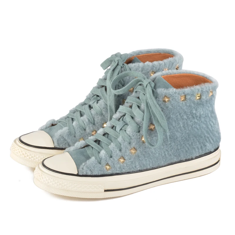 Blue-High top Donna-in/женские кроссовки с высоким берцем из натуральной кожи; повседневная обувь на плоской подошве со шнуровкой и заклепками; дышащая женская обувь; сезон осень-зима; - Цвет: Blue-High top