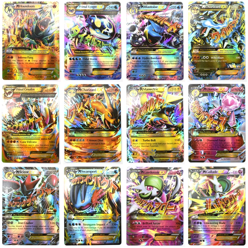 Juego de cartas de Pokemon EX MEGA para ni&ntilde;os, juguete de mesa en ingl&eacute;s brillante sin repetici&oacute;n, cartas de batalla, comercio, Pikachu, Pokemon Kaarten, 100 Uds.-1