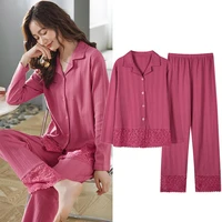fdfklak korean ladies sleepwear set new lapel long sleeve tops sleep pant two piece suit cotton lace home wear women pajamas