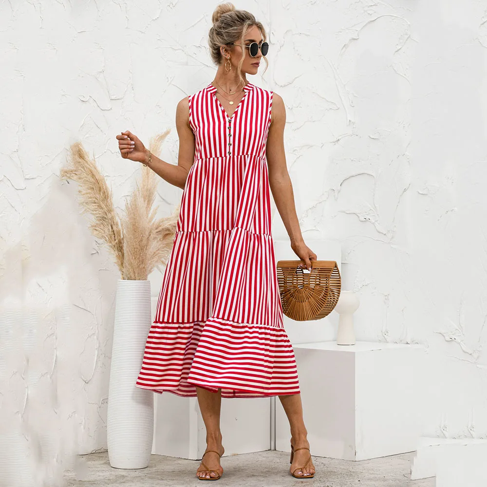 

Summer Women Dresses Fashion Stripe V Neck Casual Loose Button Type Stitching Ruffled Sleeveless Dress For Ladies Party Vestido