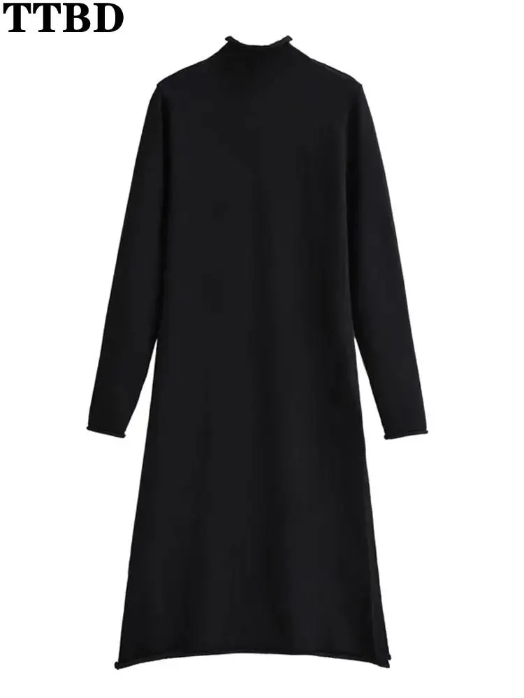 

TTBD vestidos Women fashion slit sheath knit midi dress vintage high neck long sleeve female dresses vestidos mujer Spring