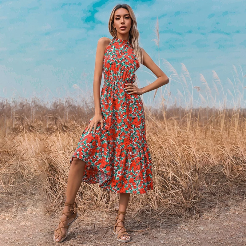 

Women's Summer Elegant High Waist Open Back Sleeveless temperament Dress With Printed Floar Suspender Long Skirt 2021 New