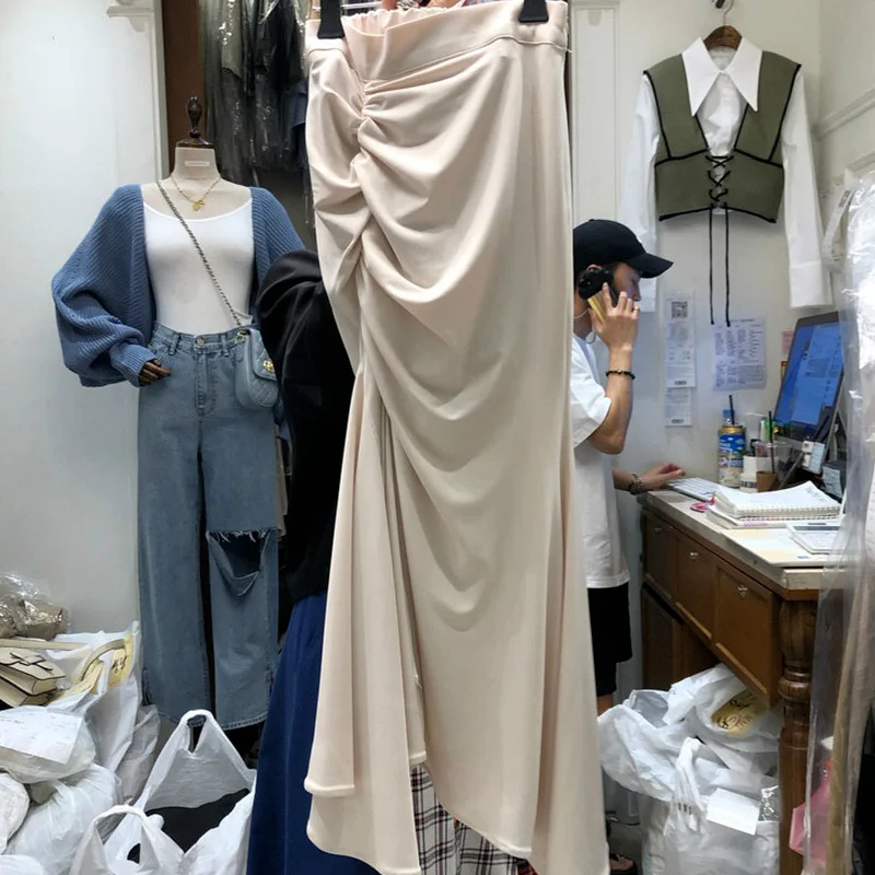 

Korean Fashion Temperament Package Hip Skirt Woman Elegant Folds Designed Faldas Mujer 2021 Summer All Match Jupe Female