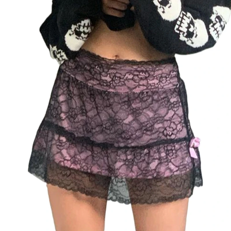 

Women Sexy Double Layer Sheer Floral Lace Slim Mini Skirt with Lining Harajuku Gothic Bowknot A-Line High Waist Vintage Streetwe
