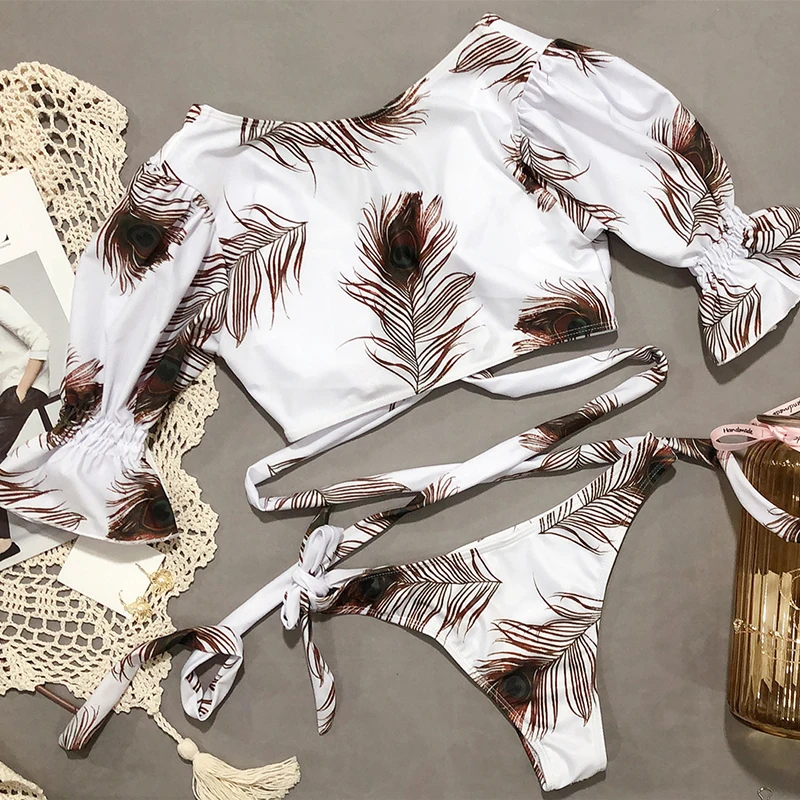 

Leopard Bikinis 2020 Mujer Push Up Swimwear Women 2020 High Waist Printed Swimsuit Short Sleeve Bandage Bikinis Set Beach Wear