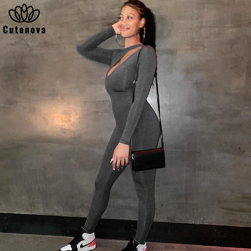 

Cutenove Casual Jumpsuit Summer Female 2021 Solid Color Asymmetric Long Sleeve Jumpsuit Women Streetwears
