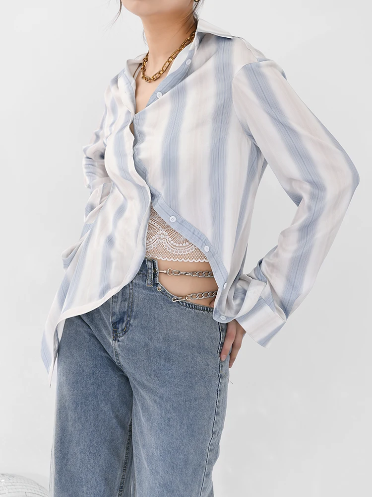 

[EAM] Women Blue Striped Irregular Casual Blouse New Lapel Long Sleeve Loose Fit Shirt Fashion Tide Spring Autumn 2021 1X09405