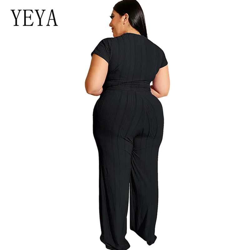 YEYA большой Размеры 4XL 5XL Винтаж широкий комбинезон с длинными рукавами комплекты из двух предметов комбинезон с коротким рукавом Для женщин костюмы «плюс сайз» Повседневное комбинезоны
