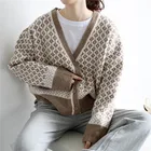 Женский свободный трикотажный кардиган на пуговицах, Повседневный Кардиган с длинным рукавом, V-образным вырезом и геометрическим принтом на весну и осень
