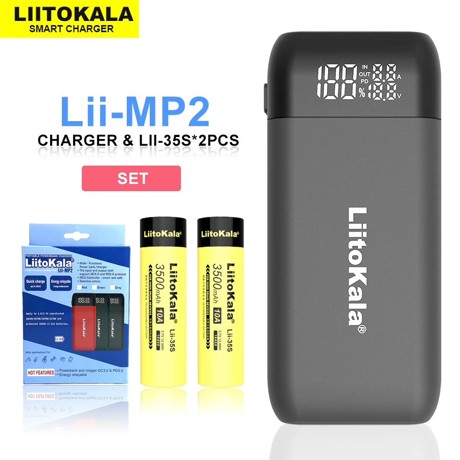 LiitoKala Lii-MP2 18650 21700 Charger&Power Bank QC3.0 Input/Output Digital Display.+ 2PCS Rechargeable Battery