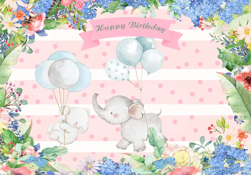 Красивый забавный фон с слоником для фотосъемки на детских днях рождениях и праздниках с цветами розового цвета из винила.