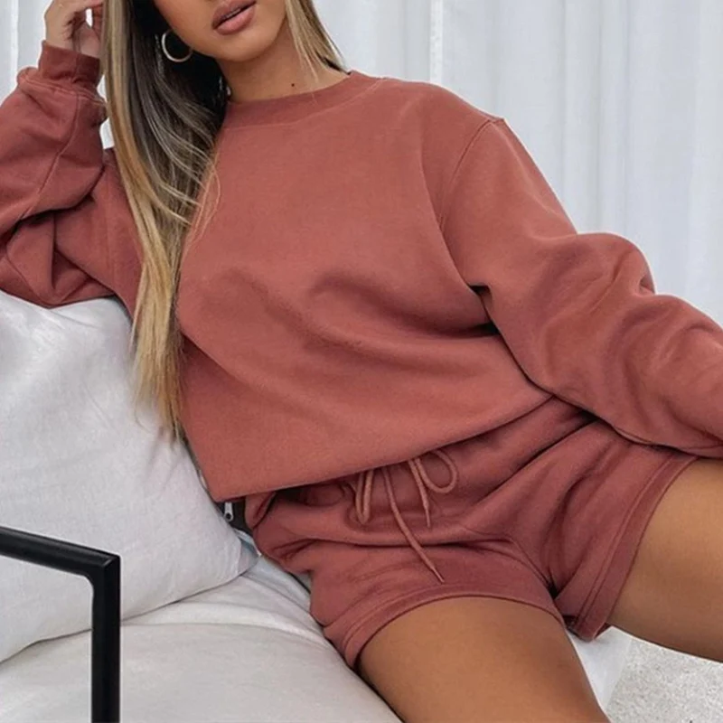 

Laamei Solid Women Shorts Set Loose Casual Sweatshirt Fleece Pullover And Drawstring Shorts Suit Two Pieces Set Thick Tracksuit