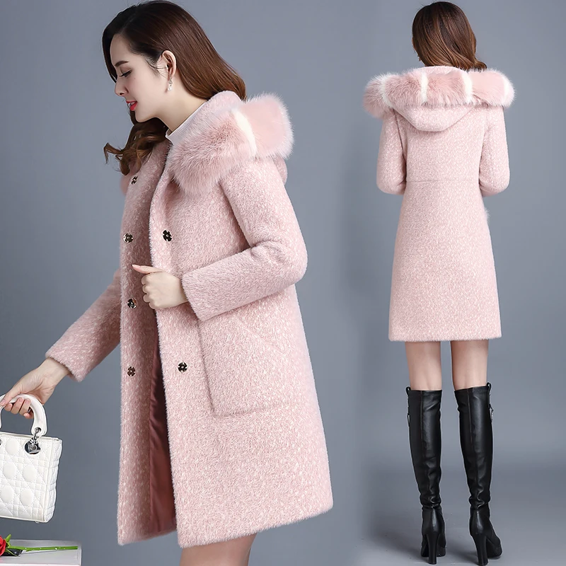 pink KMETRAM пальто из искусственного меха женские шерстяные пальто зимняя куртка Женский меховой воротник утепленная парка женские корейские длинные куртки 4xl MY4281 - Цвет: pink