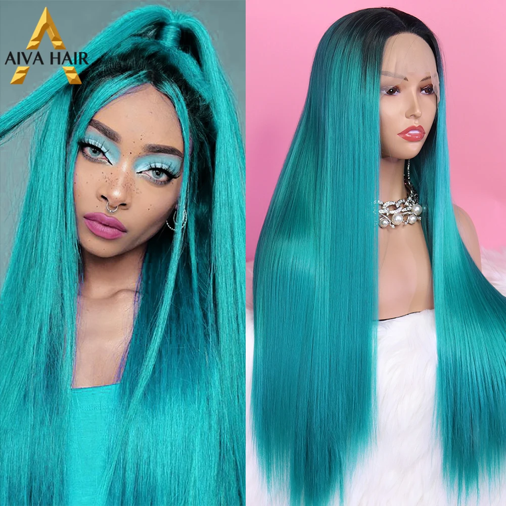 

Парик Aiva с черными зелеными корнями, синтетический 13x 4 на сетке спереди, длинный, прямой, термостойкий, для косплея, без клея, для женщин