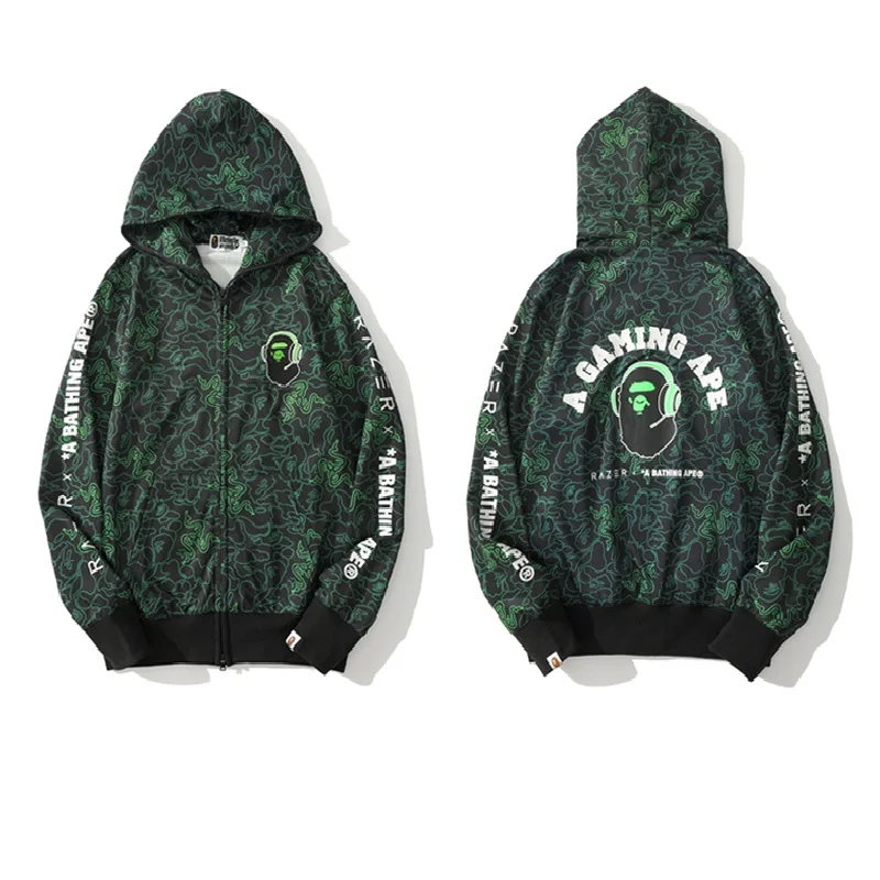 

BAPE x RAZER игровая Толстовка для мужчин и женщин, зеленые камуфляжные толстовки с капюшоном, свитшоты с наушниками, мужские пуловеры с принтом