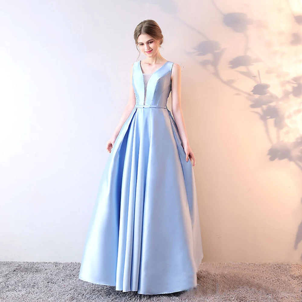 Long Evening Dress Sky Blue Lace Sleeveless V-Neck Backless Sexy Formal Fashion Women Prom Gown Dresses Robe De Soiree Vestidos | Свадьбы и