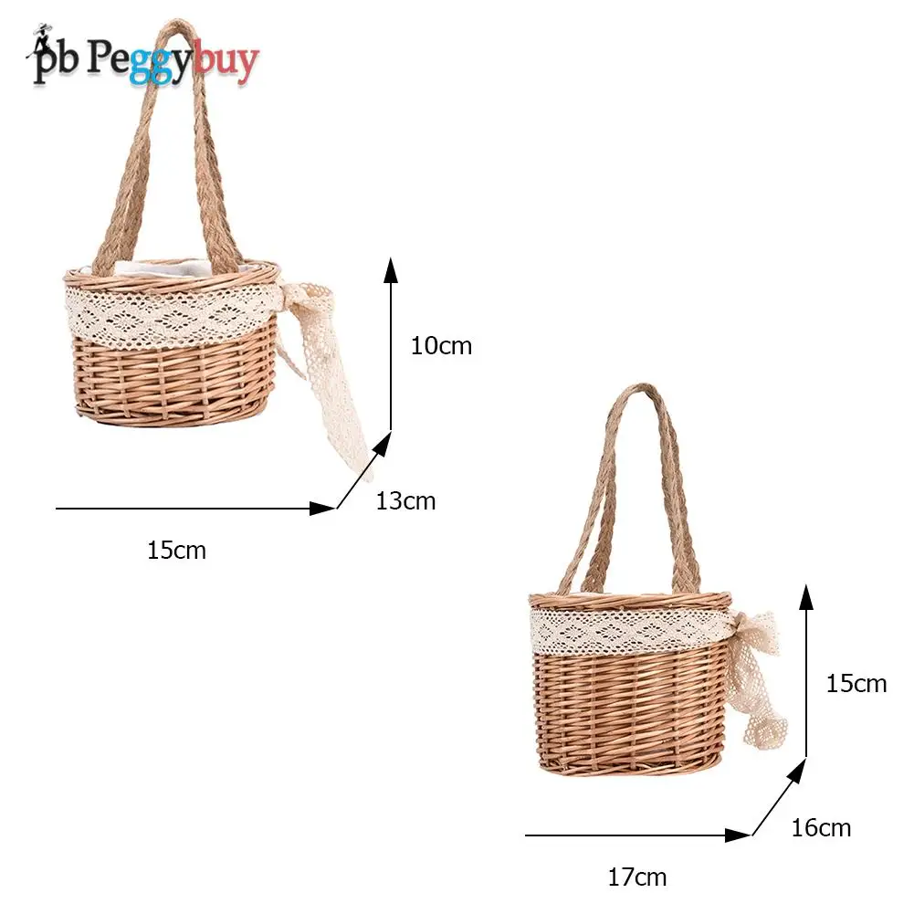 

Fashion Women Lace Bowknot Handbag Handmade Rattan Woven Ladies Leisure Summer Vacation Small Drawstring Basket