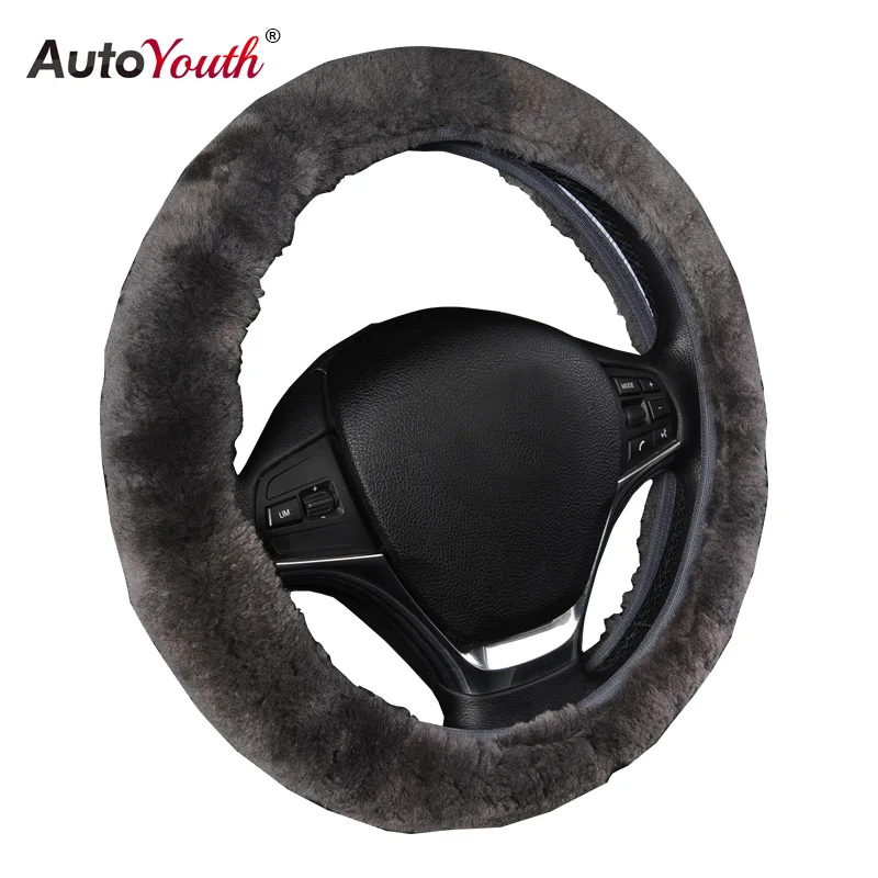 

AUTOYOUTH Premium Pure Sheepskin Wool Steering Wheel Cover Black Car Covers Winter Warm