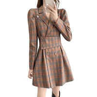 retro vintage french dress autumn spring designer brandy elegant plaid suit skirt long sleeve one piece grid womens dresses