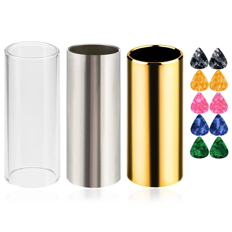 

Слайд для гитары, набор из 1 стеклянной слайда, 1 стальной слайд и 1 фотослайда, Бонус 10 шт. гитарных медиаторов, аксессуары для гитары