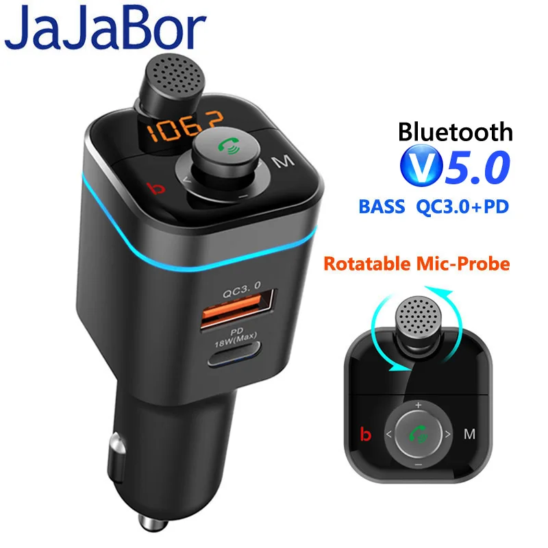 

JaJaBor Bluetooth 5.0 Car Kit Handsfree Wireless FM Transmitter Car MP3 Player QC3.0+PD 18W USB Charger with Rotatable Mic-Probe