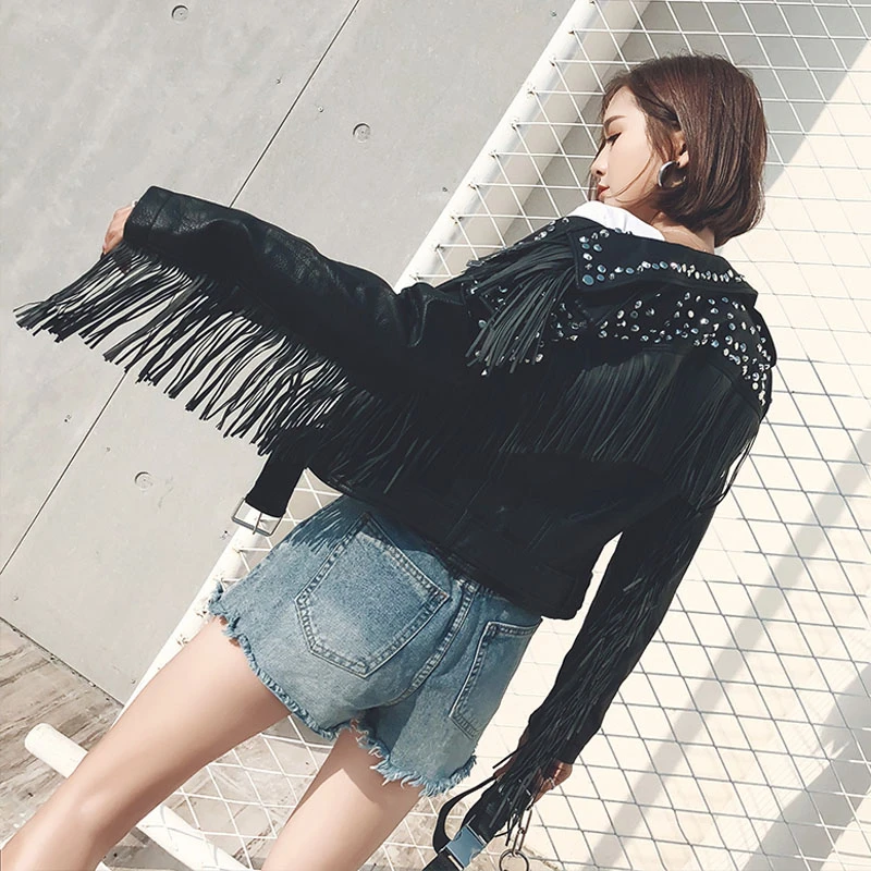 Куртка женская мотоциклетная из искусственной кожи Черная байкерская верхняя