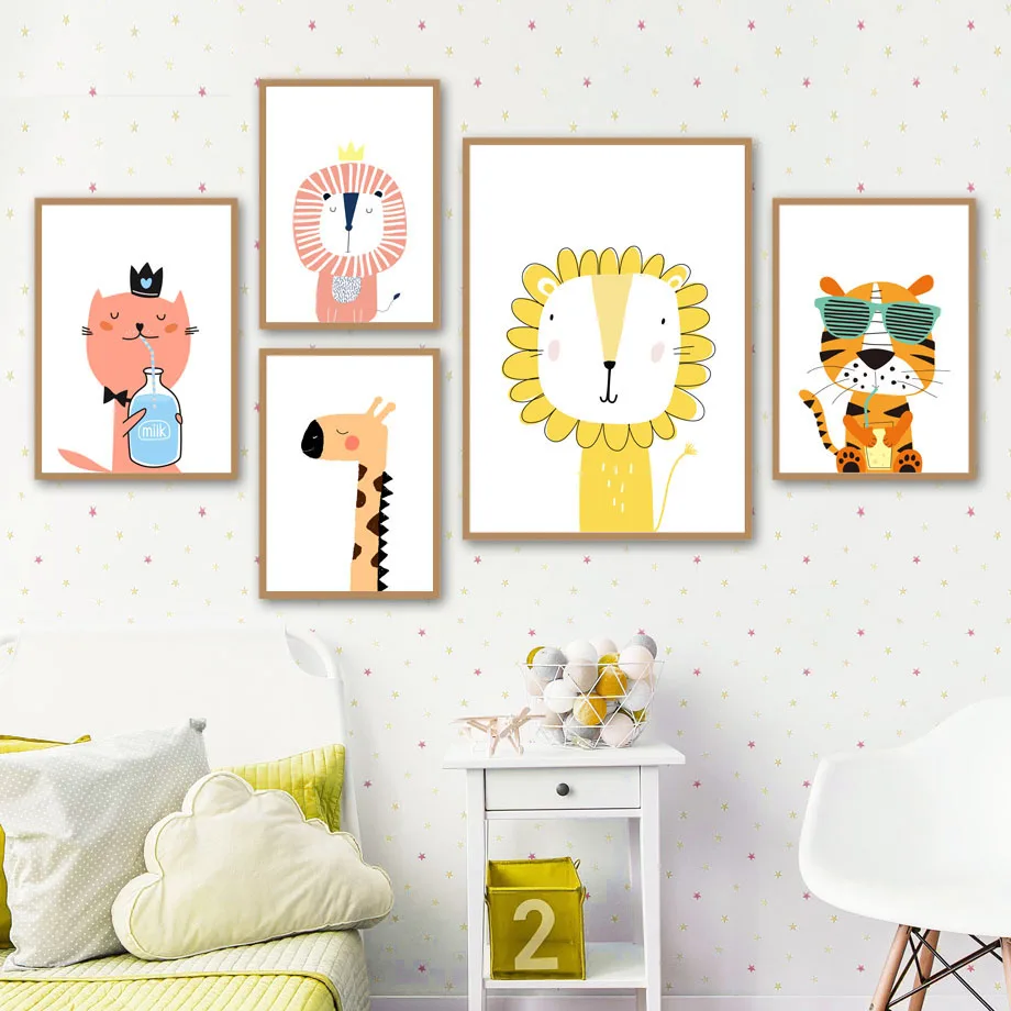 Милый мультфильм лев тигр кот Жираф настенная живопись холст для мальчиков и