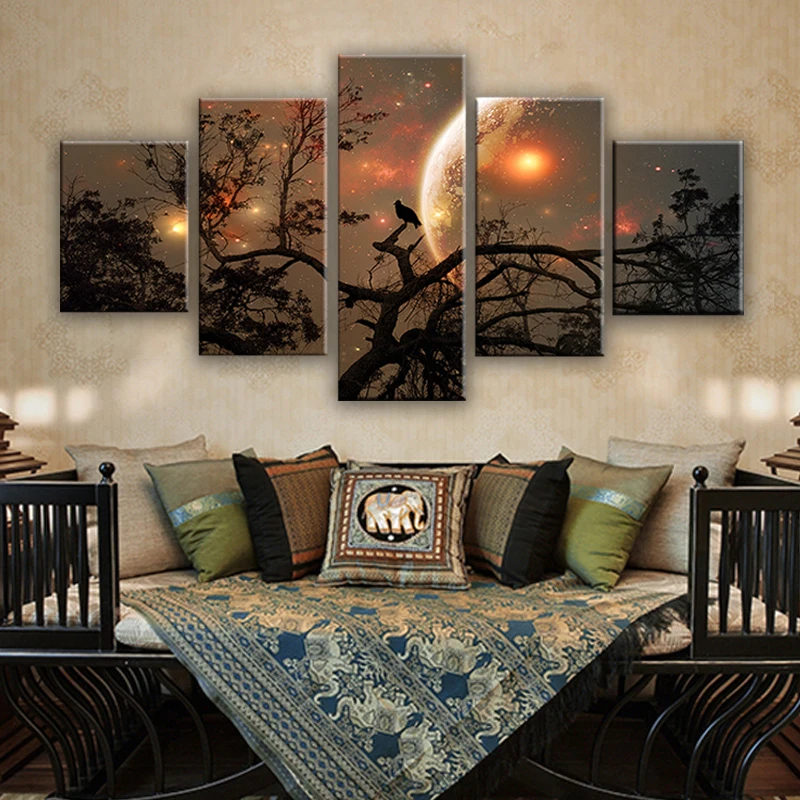 

HD Printed Abstract Pictures Decor Living Room Wall Home 5 Pieces Trees Bird Moon Night Scene Painting Canvas Art Modular Poster