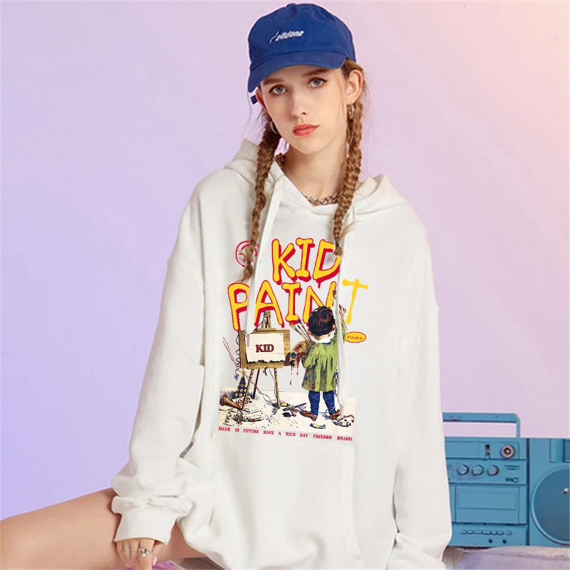 

Hooded Sweatshirts Streetwear Harajuku Cartoon Kid Painting Print Fleece Hoodies Hip Hop Casual Loose Tops Outwear 2021 New