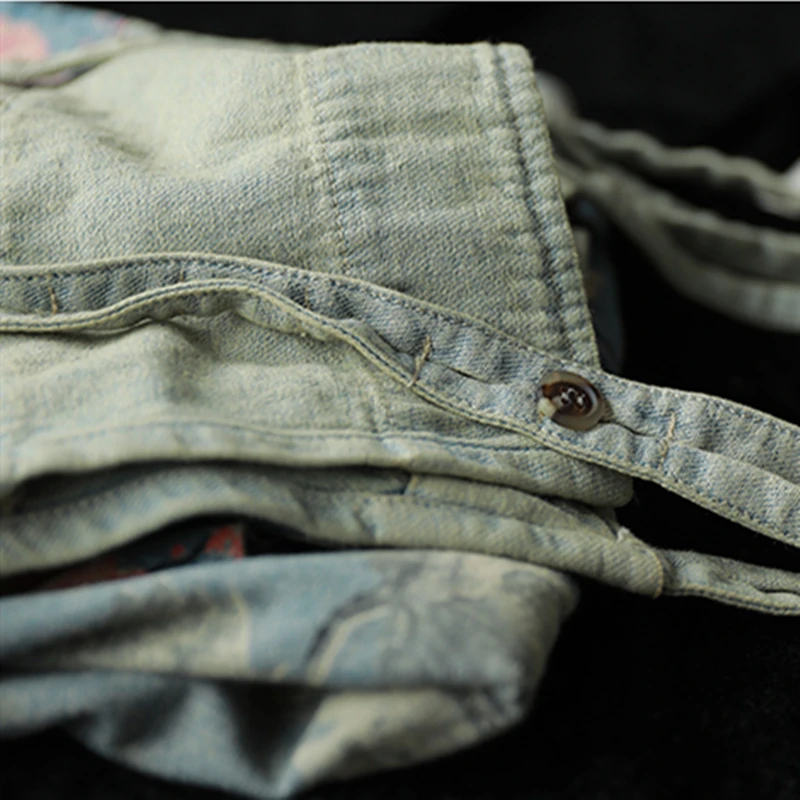 

Johnature Vintage Jumpsuits For Women Denim Cloths Print Floral 2021 Summer New Pockets Women Jumpsuits