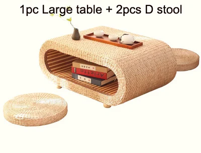 L table 2pcs D stool 1 шт стол+ 2 шт табурет пасторальный стиль овальной формы соломенный Плетеный чайный столик японский антикварный журнальный столик маленький чайный столик - Цвет: L table 2pcs D stool