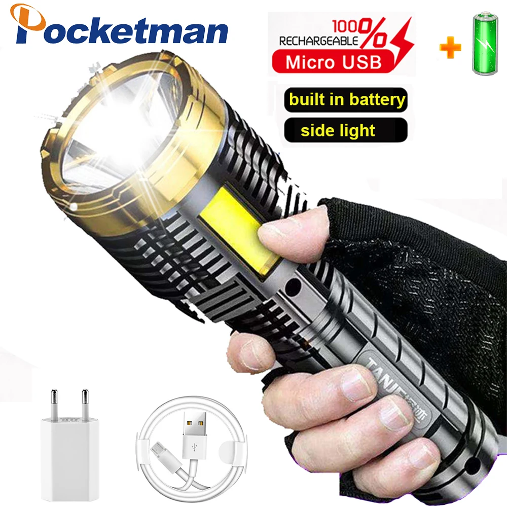

Powerful Portable LED Flashlight USB Rechargeable Torch Lanterna Waterproof Fishing Camping Lamp Torch With Side light linterna