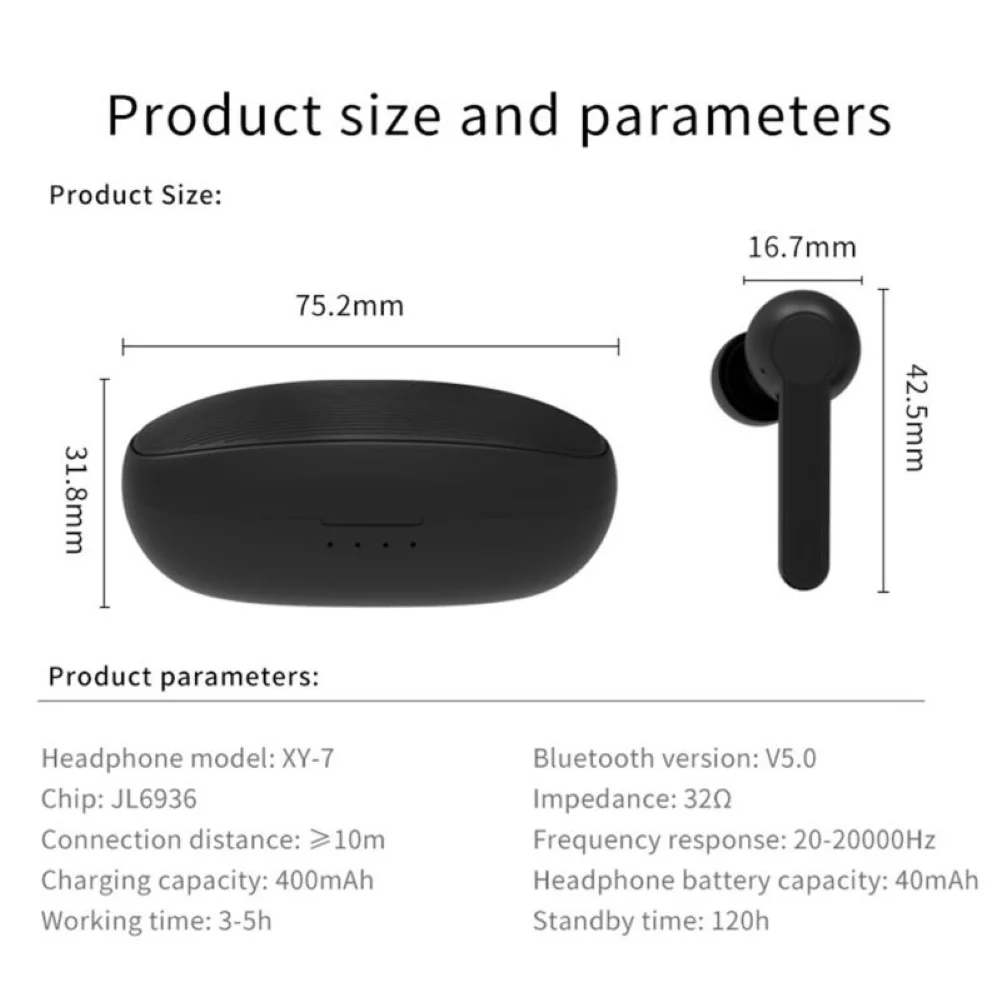 

XY-7 TWS Wireless Ergonomic Bluetooth 5.0 Earphones Sport Earbuds Headphones Touch Control Stereo Headset for Smartphones
