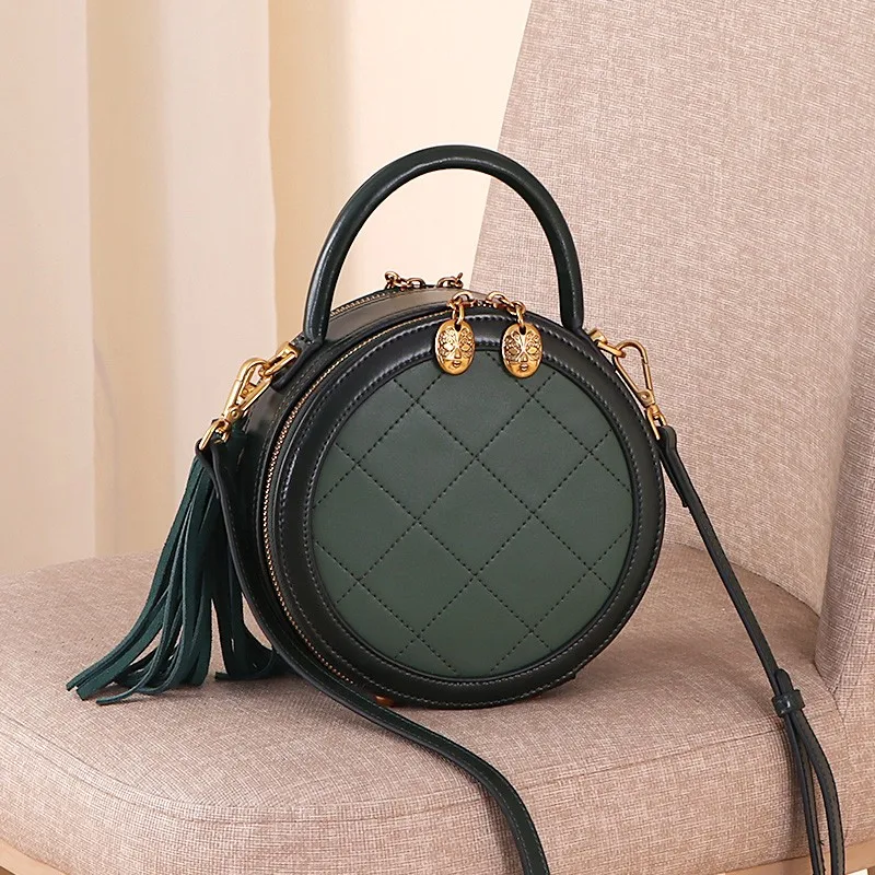 

Women Handbags 2021 New Designer Sweet Circular Small Bag Red Green Single Crossbody Plaid Genuine Leather Tassel Tote Handbag