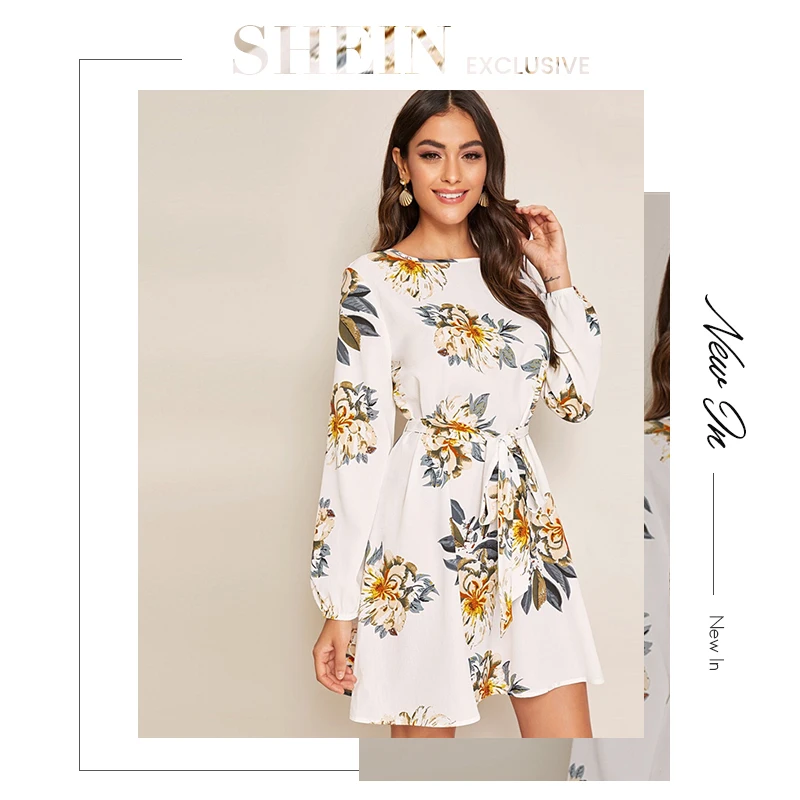 SHEIN белое платье с цветочным принтом и вырезом на спине, с поясом, женское осеннее однотонное платье с круглым вырезом и длинными рукавами, туника, короткие платья в стиле бохо