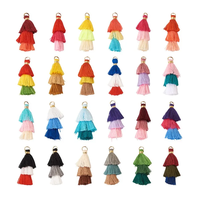 

96Pcs 24 Colors Polycotton(Polyester Cotton) Tassel Pendant Decorations with Iron Findings Golden Mixed Color Jewelry Making