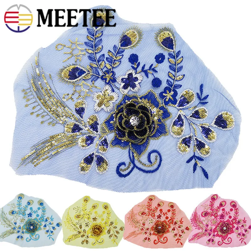 

2\4pcs Meetee 32*28cm 3D Flower Embroidered Patches Sequin Lace Fabric Trim DIY Sewing Clothing Skirt Decor Applique Accessories