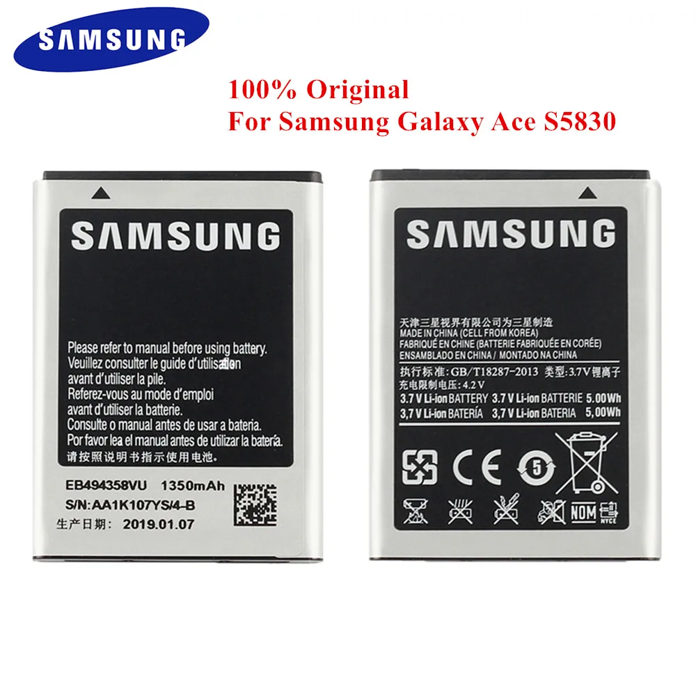 100% Оригинальный аккумулятор EB494358VU для Samsung Galaxy Ace S5830 S5660 S7250D S5670 i569 I579 S6102 S6818 S5839i 1350