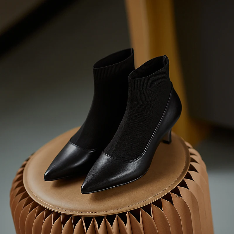

Genuine leather knitting Women Autumn Winter Ankle Boots Stretch Slim Short Boots High Heels Party Casual poined Toe Shoes Woman