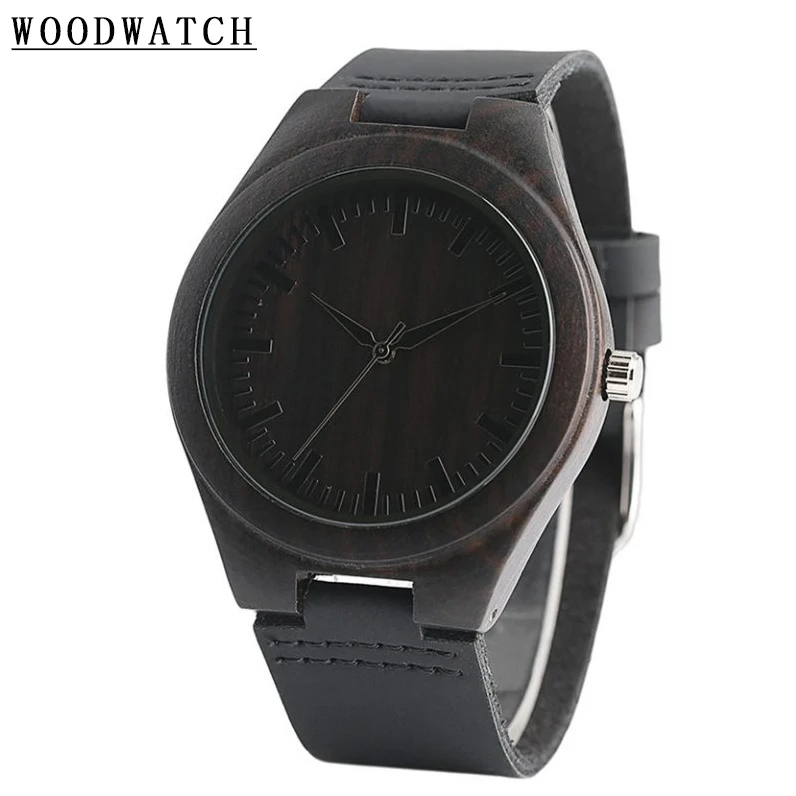 

Men Wood Watches Genuine Leather Strap Quartz Analog Black Ebony Wooden Watch