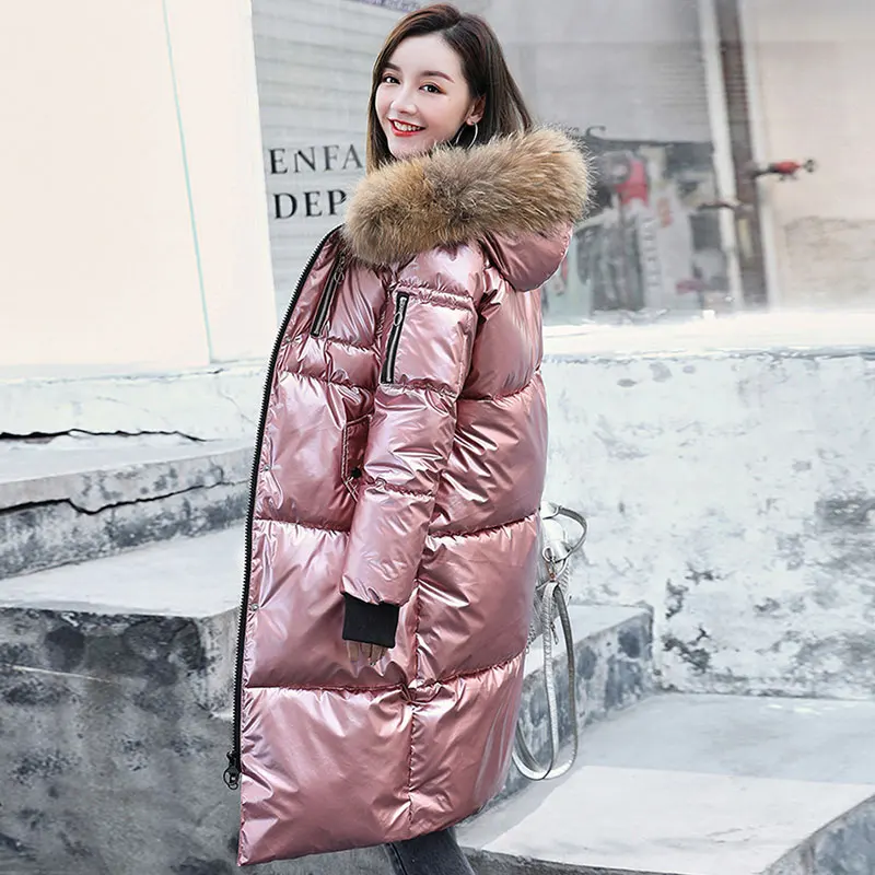 Lusumily Модные женские пуховики зимние длинные меховые воротники блестящие