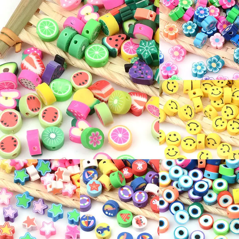 

50 шт./лот 8-10 мм пластиковые бусины с улыбающимся лицом, сердцем и фруктами, красочные бусины для DIY браслетов, ожерелий, аксессуары, полимерна...