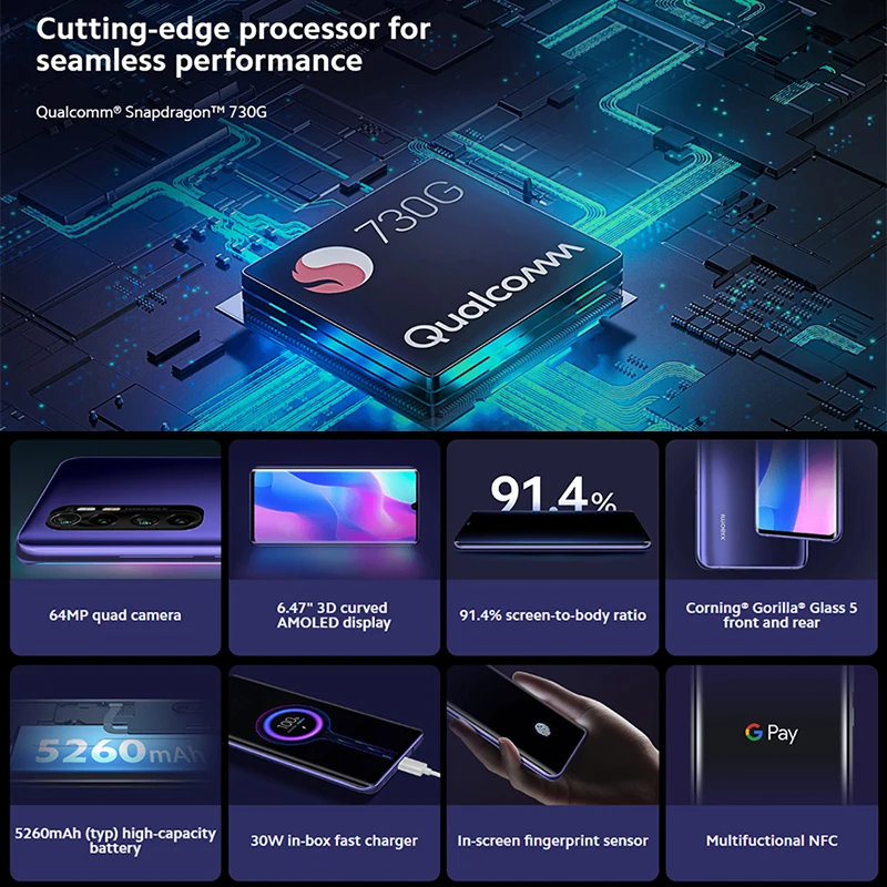 Смартфон Xiaomi глобальная версия Mi Note 10 Lite 64 ГБ 128 Snapdragon 730G Восьмиядерный NFC AMOLED
