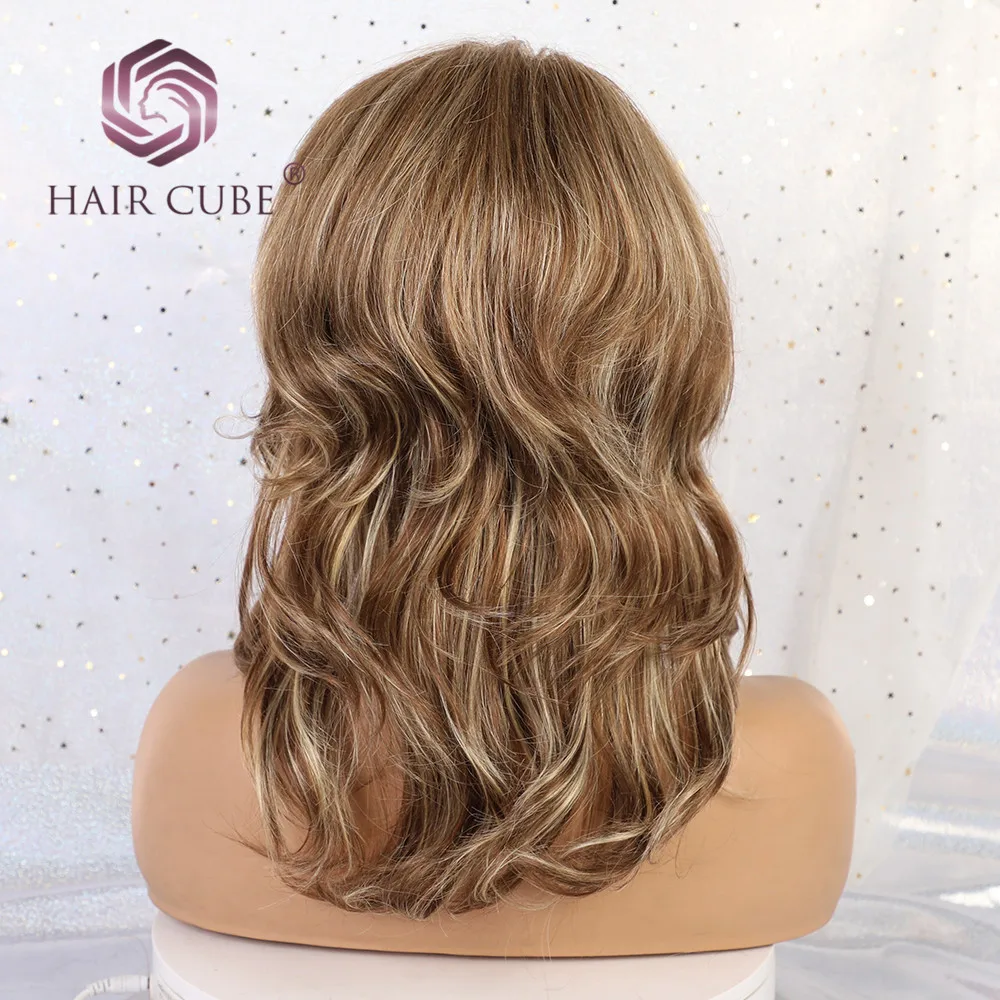 Haircube половина парики с челкой Лолита Длинные волны человеческих волос смесь синтетический парик Пастель коричневый блондин
