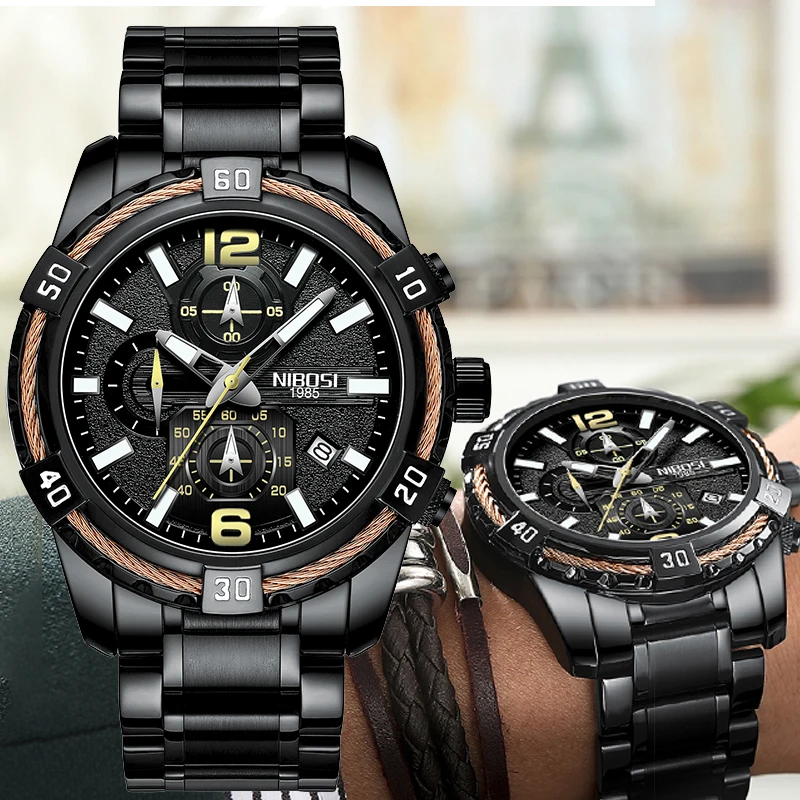 

Часы наручные NIBOSI мужские с хронографом, брендовые Роскошные спортивные водонепроницаемые кварцевые в стиле милитари с большим циферблатом